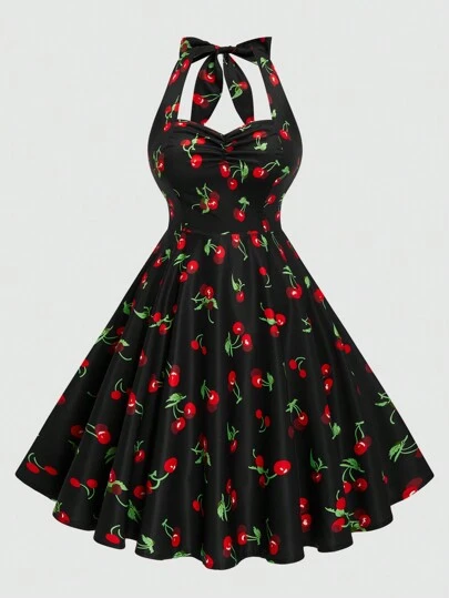 Sweetra Plus Size Halter A-Line Klänning med Cinched Midja, med Körsbärstryck för Alla hjärtans dag, för sommaren