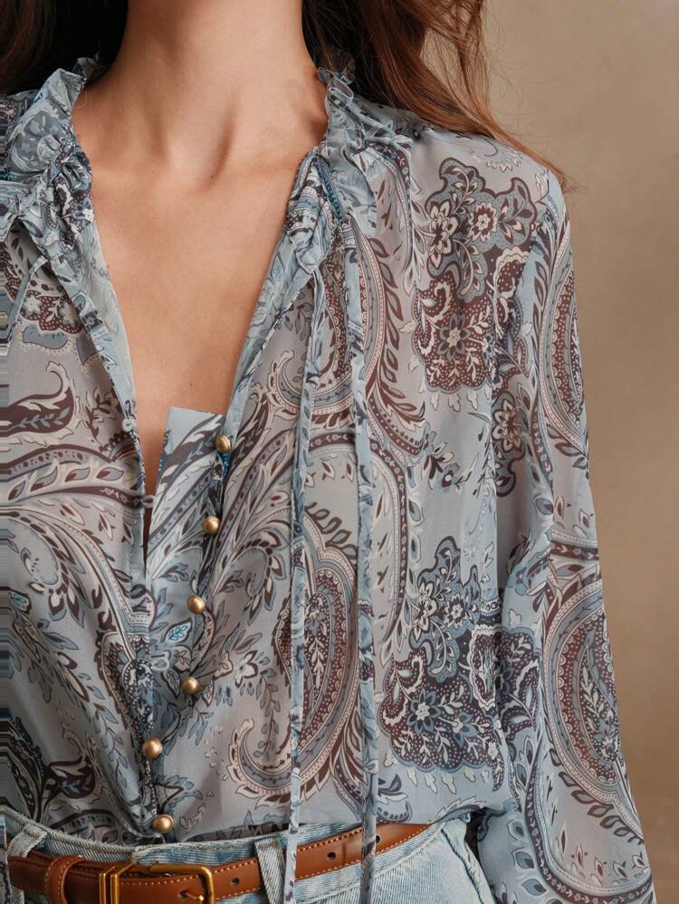 Anewsta Essential Elegant Paisley Print Long Sleeve Collared Drape Shirt