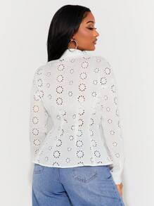 SHEIN SXY Boho White Linen Eyelet Embroidery Long Sleeve Shirt, Spring/Summer Holiday Wear - White - View 2