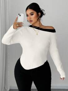 Celure Plus Size Dames Zwart & Wit Tweekleurige Asymmetrische Kraag Getailleerde Pullover Trui, Herfst/Winter
