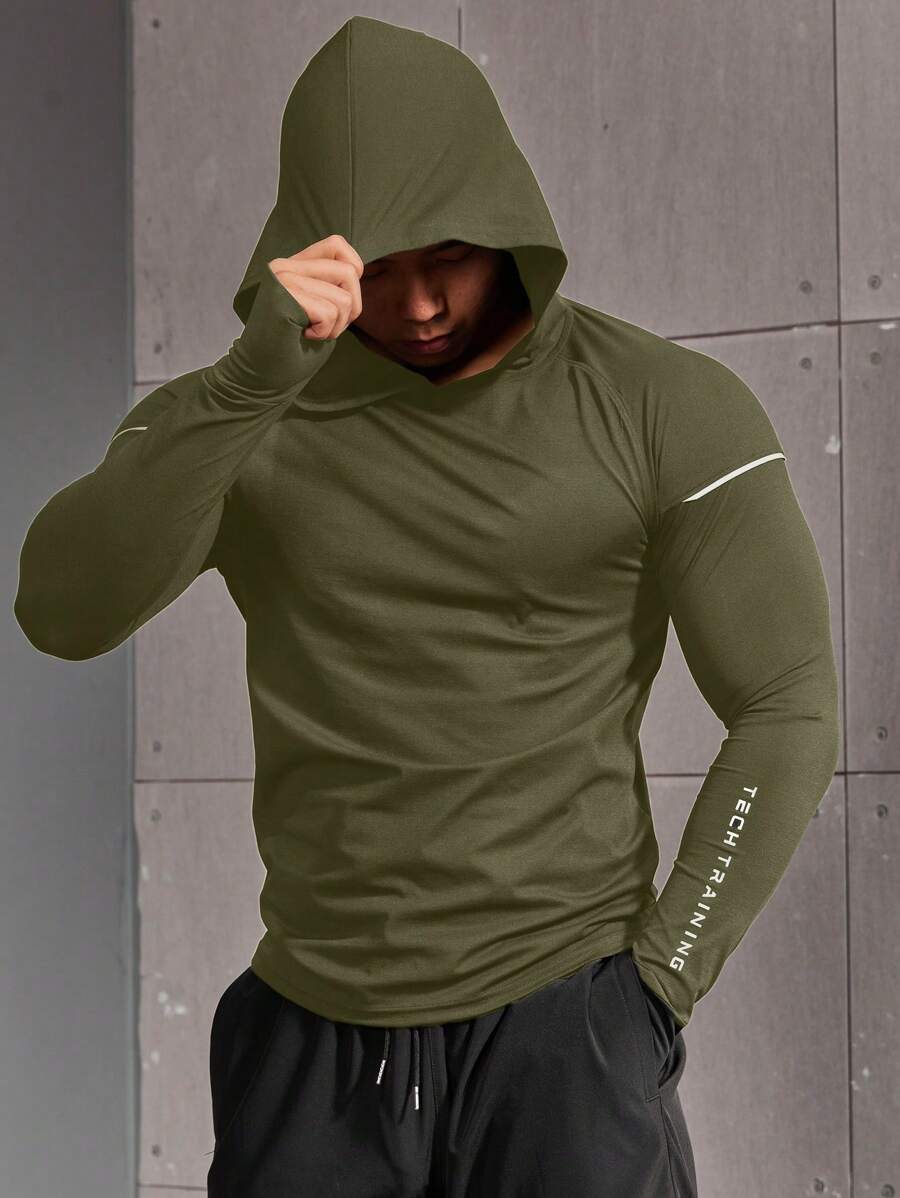 Manfinity Fitness Men's Letter Print Raglan Sleeve Sweatshirt Workout Tops Fall Breathable - Army Green - View 1