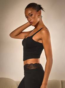 Athîral Women's Solid Black Color Contrast Lace Fitted Camisole Top - Black - View 4