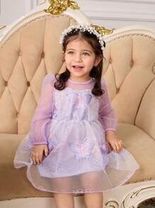 Vestido elegante, dulce y lujoso para niña bebé con bordado de mariposa púrpura, manga abullonada y capa de tul morado. Diseñado con un estilo sofisticado y glamoroso, el vestido presenta un delicado bordado de mariposa y una tela de tul púrpura soñadora como superposición. - Morado - Ver 3