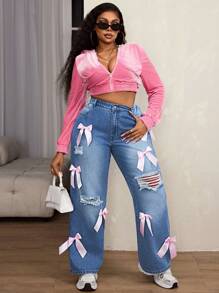 SHEIN SXY Quần Jeans Mẹ Cỡ Lớn Có Nơ Hồng & Chi Tiết Cằn Cỗi - Rửa nhẹ - Xem 3
