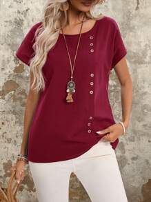 Blusa casual de verano de algodón para mujer con cuello redondo, mangas de murciélago y detalles de botones - Azul marino - Ver 2