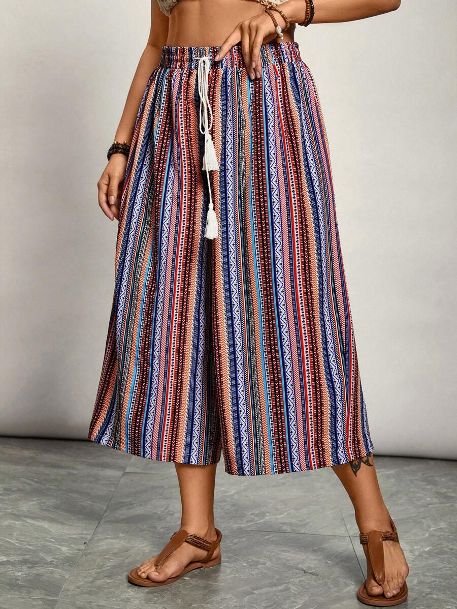 SHEIN VCAY Plus Size Boho Multi-Color Retro Pattern Capri Pants, For Summer - Multicolor - View 1
