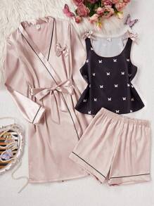 3 件套少女缎面面料长袍带玫瑰装饰，吊带背心和短裤，柔软，亲肤，优雅，粉色 - 彩色 - 查看 1