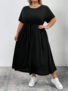 SHEIN CURVE+ Plus Size Women Summer Casual Black Belted Waist Loose Dress With Pockets, Long Sleeve