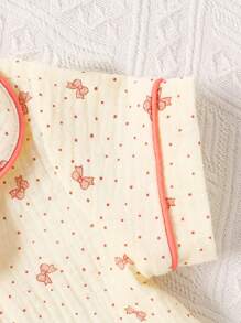 2 pièces/Set Tenue décontractée d'été pour bébé fille, short à manches courtes et nœud imprimé en seersucker rose