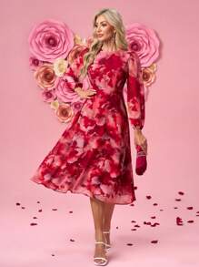 SHEIN Clasi Floral Print Round Neck Lantern Sleeve Mid-Length Dress For Women,Spring Outfits For Women, Coquette ,Festival,Old Money