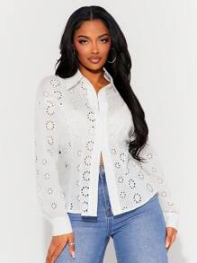 SHEIN SXY Boho White Linen Eyelet Embroidery Long Sleeve Shirt, Spring/Summer Holiday Wear - White - View 3
