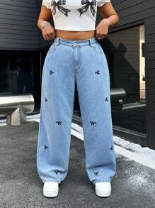 SHEIN ICON High Waist Butterfly Embroidered Washed Straight Leg Jeans - Light Wash - View 1