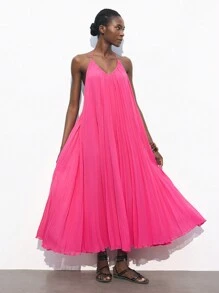 Maija Vestido holgado con cuello halter y volante en el bajo, color rosa, para la playa, primavera/verano - Rosa Fucsia - Ver 2