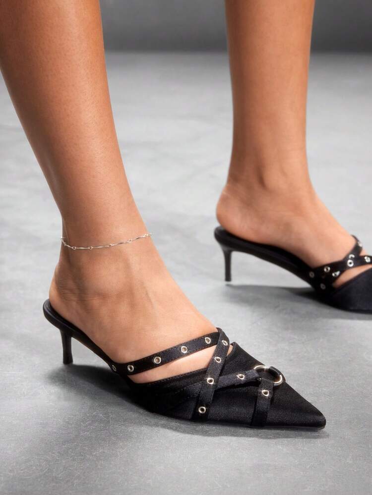 CUCCOO SZL Women's Pointed Toe Kitten Heels Strap Buckle Decor Satin Motorcycle Style Neutral Fashion Mule Pumps, Edgy Street Style For Sexy Night Out Dates, Summer Outfit Spring Shoes Spring Break Easter Prom Heels