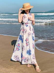 DAZY Damen Neckholder Kleid mit Blume Muster, lässiges Blumenkleid, Urlaubsoutfit, Maxikleid, Kreuzfahrtoutfit für Damen, Cocktailkleid - Verschiedenfarbig - Übersicht 4