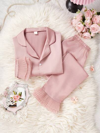 2 sztuki/zestaw dla nastoletnich dziewcząt Elegancki, wysokiej jakości satynowy materiał Długi rękaw Top i szerokie nogawki Spodnie Luźny zestaw piżamowy