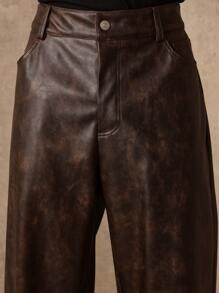 SUMWON 水洗褶皱阔腿溜冰裤做旧皮革外观宽松长裤秋冬个性下装街头时尚前卫设计休闲舒适 - 棕色 - 查看 6