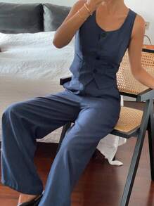 Livesso Set de 2 piezas de top de tirantes con botones y pantalones de unicolor para mujer, ropa de vuelta al colegio - Azul - Ver 3