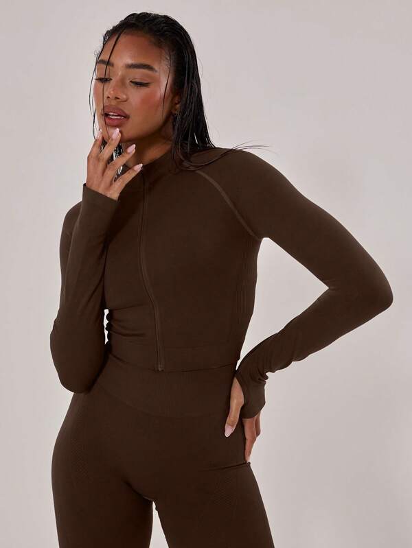 Musera Sport Stitched Seam Detail Cropped Long Sleeve Full Zip Top Jacket , Padel, Tennis, Pickleball Gym Fitness Fall Winter Christmas