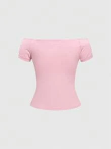 ROMWE Grunge Punk Camiseta de mujer con estampado de cruz y alas en los hombros descubiertos - Rosa - Ver 3