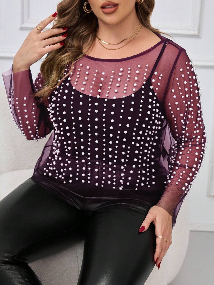 SHEIN Clasi 优雅派对美丽白色网眼串珠大码女式衬衫 - 乾枯玫瑰色 - 查看 1
