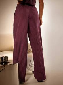 Athîral 女士简约褶皱条纹休闲长裤，适合日常穿着 - 酒紅色 - 查看 4
