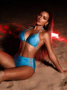SHEIN Swim 夏季春季度假服装女士比基尼 - 藍色 - 查看 3