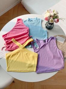 SHEIN EZwear 4 件套亮色不对称背心，纯色休闲时尚，适合日常穿着，春季