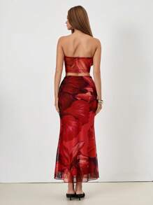 Chiquease Conjunto de 2 piezas para mujer compuesto por top tipo bustier con estampado de encaje romántico + falda tipo cola de pez de talle bajo - Multicolor - Ver 2