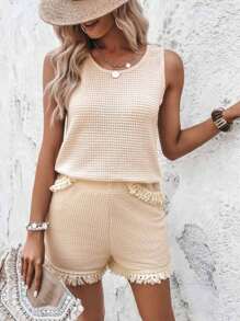 SHEIN LUNE Solid Tank Top & Fringe Trim Shorts