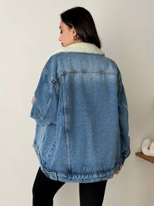 RueChic Flap Pocket Teddy Lined Denim Jacket - Medium Wash - View 2