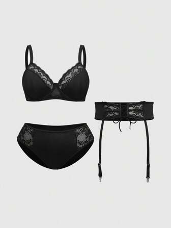 Goth Großen Größen Gothic-Spitzen-Patchwork bügelloser Triangel-Körbchen-BH, Höschen und Strumpfhalter 3-teiliges sexy Dessous Set