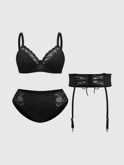 Goth Plus Size Gothic Lace Patchwork Wireless Triangle Cup Bra, Panty And Garter Belt 3-Piece Sexy Lingerie Set