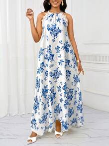 SHEIN Lady Robe longue élégante et fleurie avec un col ras-du-cou rehaussé, en bleu et blanc. Robe décontractée idéale pour tous les jours et les vacances
