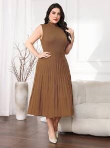 Modelyn Bộ vest 2 món thanh lịch cho nữ mùa thu/đông cỡ lớn, áo khoác cardigan dài tay màu tương phản và váy maxi không tay - Lạc đà - Xem 4