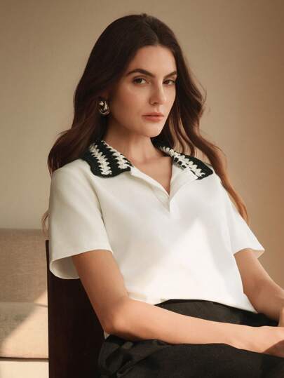 Anewsta Camiseta elegante de mujer con bloques de color y ribete acanalado