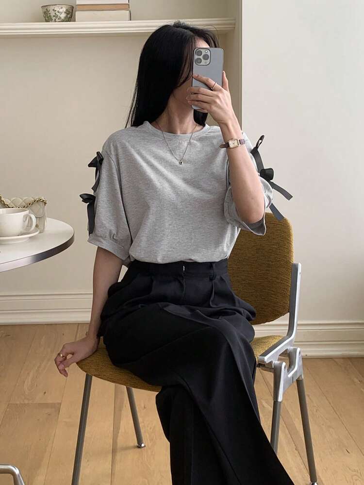Women's Bow Decor T-Shirt, New Summer Collection, Valentine's Day,Back To School Clothes