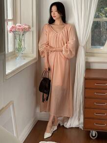 DAZY Women's Elegant Deep V-Neck Chiffon A-Line Dress