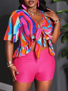 Slaydiva 2 stuks/set 2025 lente/zomer nieuwe crop top met strik op de borst en effen gekleurde op maat gemaakte fuchsia shorts, plus size vakantie-outfit