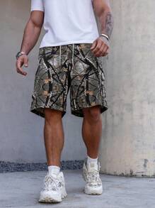 Manfinity LEGND Men's Branch Print Drawstring Waist Loose Denim Shorts