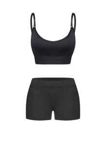 Plus Size Solid Color Spaghetti Strap Minimalist Tank Top And Shorts Casual Pajamas Set