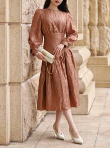 DAZY Sukienka midi z bufiastymi rękawami w jednolitym kolorze, elegancka, formalna, jesienna, z długim rękawem - Różowy - Zobacz 5