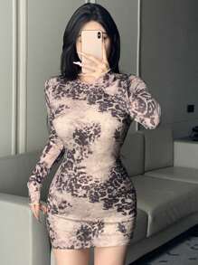 DAZY Allover Print Leopard Skin Fitted Mini Dress For Women Party Women,Fall Dress Homecoming Dresses Long Sleeve Dress - Brown - View 9