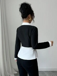 Elenzga Blusa casual y elegante de manga larga con detalles de cinta y bloqueo de color para mujeres