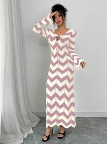 Chiquease Robe pull à lacets rayée pour femmes, décontractée et à la mode pour une utilisation quotidienne - Rose bonbon - Voir 5