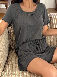 DAZY Pleated Design Wavy Trim Home Outfit Pajama - Dark Grey - View 3