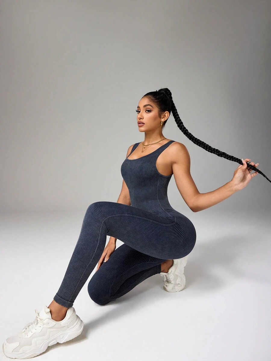 Gameset SHEIN Sport High Intensity Racerback Booty Lifting Yoga Jumpsuit, Nude Feeling Fitted Activewear - Navy Blue - View 1