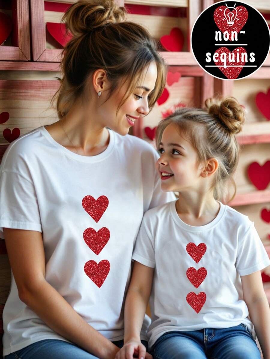 SHEIN زي العائلة المتناسق مع رسمة القلب، مناسب للحفلات والمناسبات اليومية ، تي شيرت صيفي بأكمام قصيرة مطبوع بنمط رقيق مناسب للفتيات الصغيرات