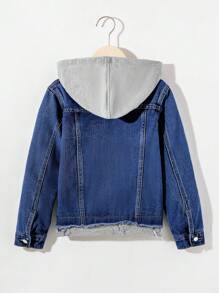 SHEIN Jaqueta Casual de Moda Jovem com Capuz Cinza em Malha, Empesada com Denim Azul, de Manga Longa e Rasgada, para Uso Diário e Outono, Roupas de Meninos - Lavagem escura - Visão 2