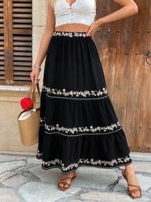 Chiquease High Waist Maxi A-Line Flared Patchwork Casual & Commuting Skirt - Black - View 1